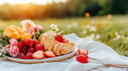 Experience spring's charm with a serene countryside picnic scene Blossoms surround a blanket laden with delicious food in vibrant colors This high-quality image captures soft light and peaceful vibes, perfect for nature and food lovers The delightful arrangement adds warmth and joy, ideal for diverse projects, embracing natural beauty AI Generativeの素材