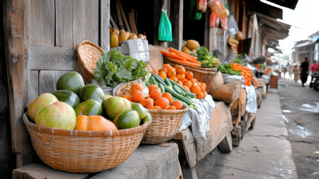 Discover the vibrant energy of a farmer's market! Overflowing baskets showcase ripe, organic fruits and vegetables, bursting with flavor and life Explore nature's bounty in colorful displays, making healthy choices a delight Experience the freshness and vitality of locally grown goodness AI Generativeの素材