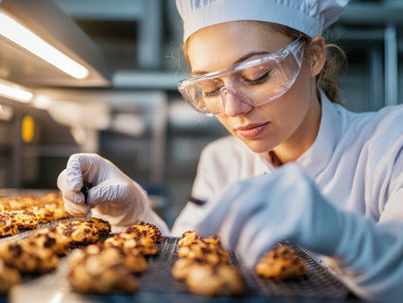 A food scientist meticulously monitors storage, wearing gloves and eyewear, to preserve packaged food's nutrients Observing cookies, they maintain optimal conditions to prevent nutrient loss This precision ensures maximum health benefits for consumers Food safety, storage, health, and nutrition are vital aspects of this careful scientific process AI Generativeの素材