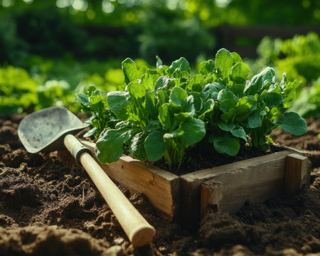 A serene countryside garden scene: a spade rests by a wheelbarrow overflowing with garden waste Lush greens flourish in fertile soil, showcasing organic practices Tools stand ready, embodying the tranquility and productivity of rural life This image captures the beauty and functionality of gardening in harmony with nature AI Generativeの素材