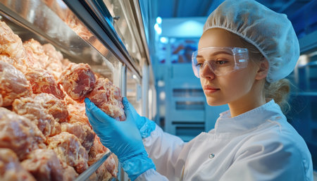In a high-tech food storage facility, a technician meticulously monitors humidity and temperature using advanced instruments This ensures optimal, consistent climate control, preventing spoilage and maintaining food safety Explore precision temperature regulation and innovative storage solutions that guarantee a seamless cold chain and exemplify a dedication to food integrity AI Generativeの素材