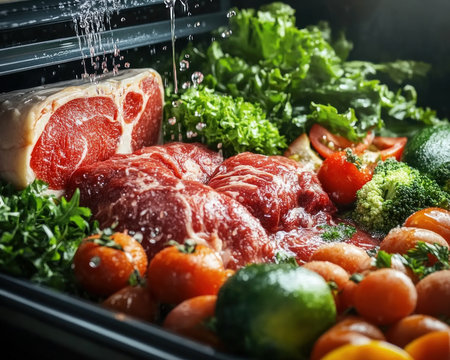 This image highlights cold storage's crucial role in preserving food freshness and nutrients See how refrigeration maintains produce, meat, and vegetables, extending shelf life and minimizing waste Discover how proper temperature control ensures access to high-quality, healthy ingredients, promoting a healthier lifestyle through better dietary choices AI Generativeの素材