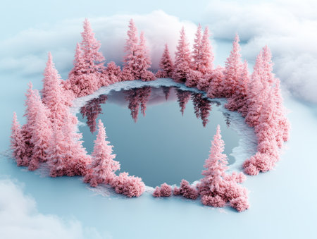 Venture into an ethereal, pink-hued forest, echoing an untamed wilderness alive with wildlife Frosted trees surround a serene, reflective pond, inviting peaceful contemplation Connect with nature's raw beauty in this enchanted woodland, perfect for photography and seeking tranquility Experience a unique, captivating setting AI Generativeの素材