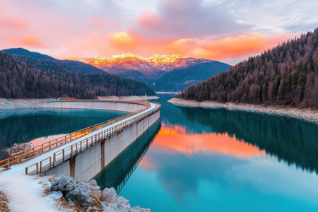Witness a modern hydropower dam's beauty at night, its innovative technology glowing Landscape photography captures serene reflections in water, mountains, and forests under golden sunsets Engineering marvels blend seamlessly with nature, showcasing the dam's unique design and energy potential in this breathtaking vista AI Generativeの素材