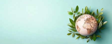 This image depicts a global commitment to Earth care and climate protection Nations unite, building seawalls, planting mangroves, and strategizing against climate disasters A miniature globe encircled by green leaves symbolizes our shared responsibility and a united vision for a sustainable future through combined efforts AI Generativeの素材