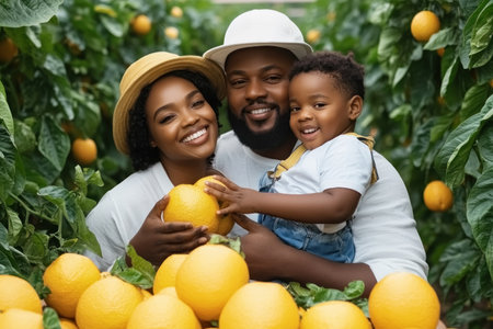 This heartwarming photograph captures a family's joy in gardening Surrounded by their fruit harvest, they bond over shared environmental love Smiling faces reflect the warmth of family connection as they create lasting memories and learn about nature's bounty Embrace the beauty of family and nature together AI Generativeの素材
