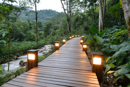 Escape to tranquility on a scenic river trail Meander through a lush forest along a wooden path, sunlight dappling through trees Listen to the gentle river and birdsong Lanterns guide evening strolls, offering a peaceful escape into this pristine wilderness AI Generativeの素材