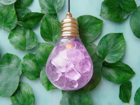 A vibrant, green world thrives on innovative green energy This scene symbolizes hope and progress towards a cleaner planet, showcasing a unique light bulb with embedded plant life It highlights the harmonious blend of nature and sustainable technology, promoting environmental consciousness and eco-friendly innovation Explore the future of energy, one AI Generativeの素材