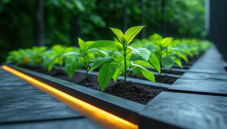 Witness a community garden's vibrant energy where planting seeds signifies hope and sustainable growth Lush, thriving seedlings showcase collective effort, embodying renewal and a shared commitment to a greener future This meticulously cultivated garden bed represents a vision of growth and communal harmony, blooming with bright, new life AI Generativeの素材