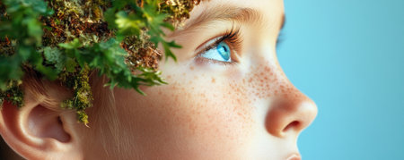 This image captures a child adorned with natural elements, symbolizing organic innovation in daily life It portrays a family's commitment to sustainable living, integrating renewable resources into their eco-friendly practices The portrait embodies growth, a deep connection with nature, and a future where green living is seamless and beautiful AI Generativeの素材