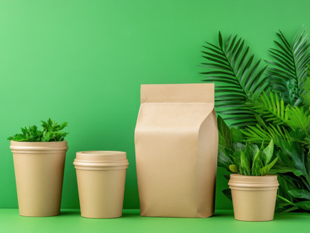 Choose sustainable packaging with our eco-friendly brown paper bags and containers Biodegradable and designed for environmental safety, they meet food health standards while minimizing your carbon footprint Embrace recyclable, renewable options and elevate your brand with earth-friendly choices Discover responsible packaging for a brighter future AI Generativeの素材