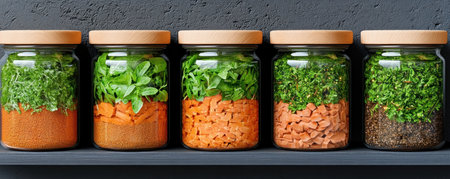 Discover a vibrant pantry filled with eco-friendly glass jars, showcasing layered greens, carrots, and colorful ingredients These healthy, ready-to-eat meals are perfect for convenient meal prepping Wooden lids add a rustic touch to this organized display of fresh, sustainable, and visually appealing wholesome options AI Generativeの素材