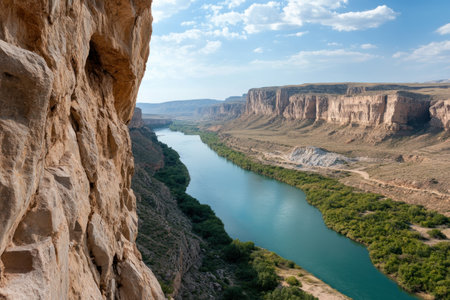 Conquer rocky cliffs beside a scenic river, combining strength with breathtaking views Ascend sheer faces for panoramic vistas of the flowing water below Experience the thrill of adventure, nature's beauty, and tranquil landscapes where rugged terrain meets a winding river in this majestic setting AI Generativeの素材