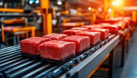 Witness the future of food processing with this image showcasing an automated line See hygienically packed meals move along conveyors, highlighting efficient preparation and packaging Machines demonstrate food safety and manufacturing workflows Explore the technology behind automated food production AI Generativeの素材