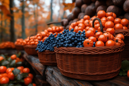 Experience a rustic harvest scene with baskets of sustainable, seasonal produce, ready for winter feasts Vibrant fruits and vegetables overflow handcrafted baskets, showcasing nature's bounty Find inspiration for winter culinary delights and celebrate the beauty of natural ingredients, capturing the essence of the season AI Generativeの素材