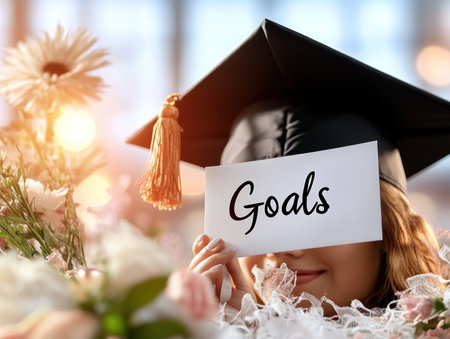 A graduate, beaming with pride, captures a selfie with their diploma Their decorated cap, displaying "Goals," signifies future aspirations Surrounded by bright celebratory flowers, this moment marks a pivotal academic achievement and a step towards future success It's a perfect symbol of hard work and dedication fulfilled AI Generativeの素材