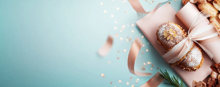 A close-up captures a festive sweet treat, wrapped and tied with a pink ribbon, surrounded by sparkling confetti These delightful confections, like a sweet reward, symbolize celebration Imagine this, like a glowing diploma representing achievement and opportunity, perfect for gifting to honor success AI Generativeの素材