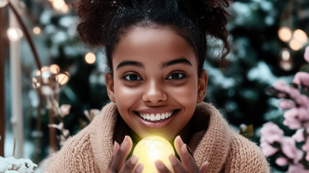 A young woman, possibly an alumna, smiles joyfully, holding a glowing orb that symbolizes knowledge and potential The orb illuminates her face against a blurred, festive background The image radiates achievement and hope, with focus on the bright orb and her expression It evokes feelings of success and a promising AI Generativeの素材