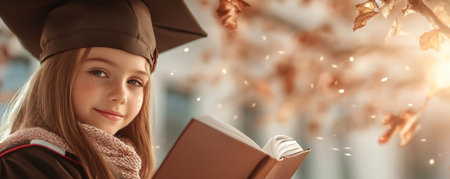 A young graduate, bathed in golden light, embodies hope and aspiration Holding books and perhaps certificates, they symbolize knowledge, growth, and accomplishment The autumn backdrop adds a warm, reflective tone, hinting at a future brimming with possibilities and success AI Generativeの素材