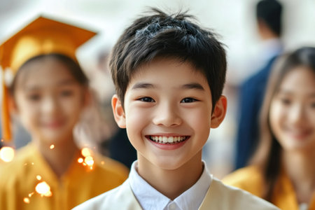 Celebrate a graduate's joyous milestone! A beaming smile and diploma in hand, they stand proudly before a traditional graduation banner Witness their hard work and dedication culminate in this special moment Filled with hope and optimism, they're ready to embark on their next chapter Share in their success! AI Generativeの素材