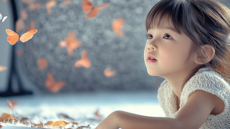 This image captures a young child's pure wonder, not a futuristic scene Mesmerized, she gazes up at a swarm of orange butterflies The butterflies create a magical, dreamy ambiance around her She wears a light-colored top, emphasizing the scene's innocence and captivating beauty It is a moment of awe, not AI Generativeの素材