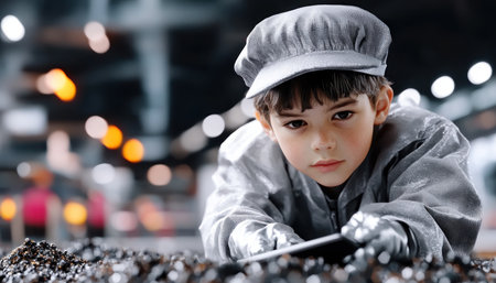 This photo depicts a young worker in a gray uniform and hat, intently handling metallic objects in a factory The blurred background focuses attention on the child's illuminated face and serious gaze, highlighting the juxtaposition of youth within an industrial setting It captures a child's involvement in the professional workspace AI Generativeの素材