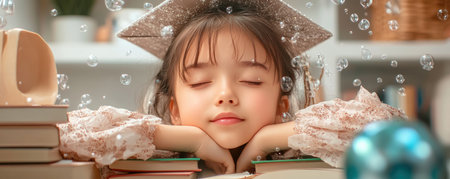 A young student, surrounded by stacks of books, rests peacefully, wearing her graduation cap She dreams of her academic pride and future accomplishments, a vision of success The scene is adorned with floating bubbles, adding a whimsical touch Capturing a moment of pure, innocent aspiration with graduation goals, student success and learning AI Generativeの素材