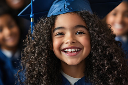 Capture graduation's joy with a beaming child graduate, diploma in hand, in a blue cap and gown This high-quality image embodies success, dedication, and a bright future, perfect for educational resources and commencement content A picture capturing the essence of achievement, it's the perfect graduation photograph AI Generativeの素材