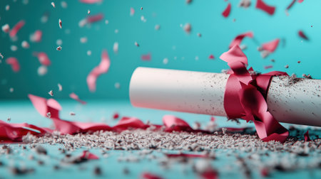 Capture academic success with this sophisticated image of a diploma in an elegant folder A rolled diploma, ribbon-tied and surrounded by confetti, symbolizes graduation joy and professional growth This high-resolution shot is perfect for illustrating milestones, ideal for banners, websites, and social media, celebrating educational and career advancements AI Generativeの素材