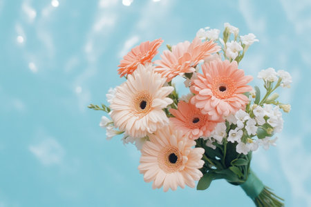This vibrant bouquet, a perfect graduation gift, bursts with soft pastel flowers symbolizing joy, success, and new beginnings It's a beautiful display of affection, radiating happiness and pride to celebrate this important milestone This memorable keepsake conveys congratulations and best wishes for the graduate's future AI Generativeの素材