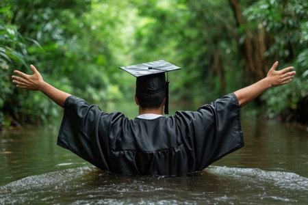 A graduate, arms outstretched, embodies academic success and future potential This inspiring image celebrates their achievement, fueled by dedication and hard work, as they reach for the stars Poised for a bright future, they're ready to conquer new career challenges, marking the culmination of years of study AI Generativeの素材
