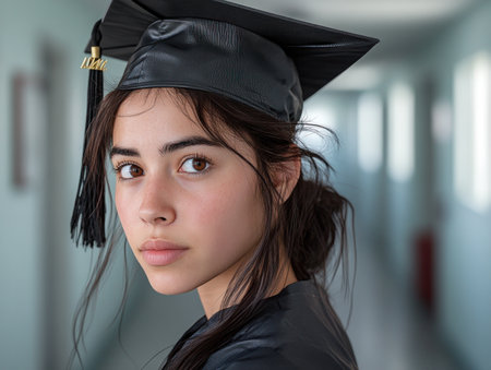 Capture the joy of graduation with a heartfelt portrait of a student in cap and gown This image symbolizes academic achievement, hard work, and dedication Perfect for inspiring websites, publications, or social media posts celebrating educational milestones A visual testament to success and the journey of education AI Generativeの素材