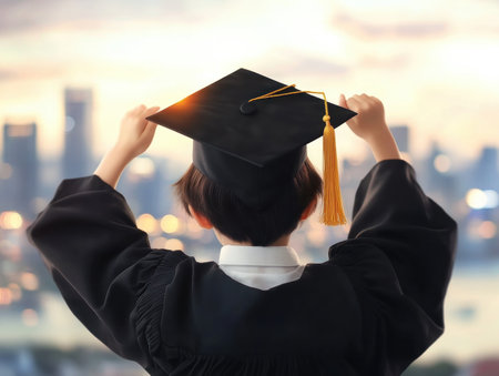 A graduate joyfully throws their cap atop a world map, symbolizing global opportunity and bright futures This powerful image embodies pride, new beginnings, and endless possibilities Perfect for graduation announcements or educational campaigns, it inspires students and celebrates the start of life's journey It's a potent symbol of achievement and AI Generativeの素材