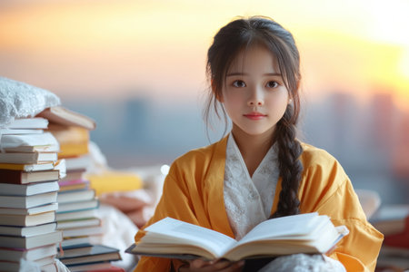 A radiant alumna, framed by a waterfall of books, embodies the power of education This image, celebrating achievement and lifelong learning, is perfect for academic blogs, university websites, and commencement materials Its serene and inspirational visual narrative highlights knowledge, grace, and the beauty of education AI Generativeの素材