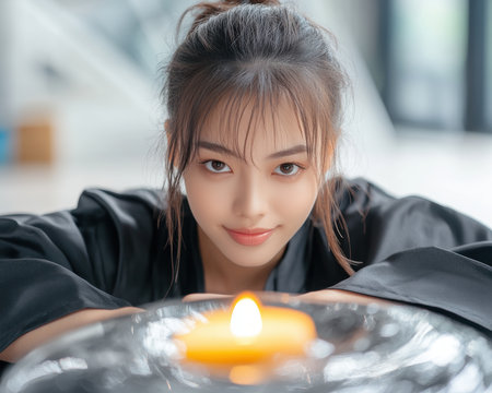 A graduate stands encircled by glowing candles in this captivating image, symbolizing dreams realized and bright futures The warm, radiant light creates a magical atmosphere, highlighting triumph and hope This photo beautifully captures the essence of success, making it perfect for commemorating milestones AI Generativeの素材