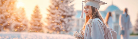 Capture the joy of graduation with this image of a confident graduate holding a diploma, stepping into a bright future Surrounded by career symbols, this photo embodies achievement, hard work, and hopeful prospects It's perfect for graduation-related content, showcasing the culmination of efforts and the excitement of what's to come AI Generativeの素材