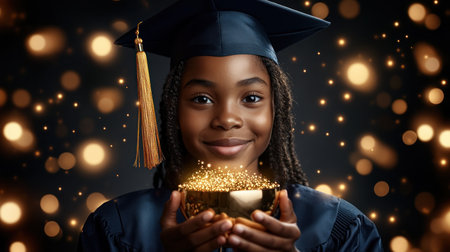 This stock photo captures a student in cap and gown, holding a trophy, celebrating a graduation achievement Golden light and bokeh enhance the celebratory mood Ideal for educational materials and graduation announcements, it embodies the joy and pride of hard work and academic success AI Generativeの素材
