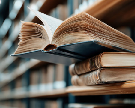 Embark on a visual journey through a library where shelves represent stages from education to career Witness knowledge acquisition, skill development, and professional growth symbolized in this dynamic image This concept visually portrays how learning transforms into career success, with each shelf representing a crucial step AI Generativeの素材