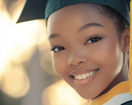 A smiling graduate, diploma in hand, steps forward, radiating pride and hope This image captures the joy of graduation, marking the culmination of hard work and the start of new opportunities It's a perfect representation of new beginnings and the exciting journey ahead, celebrating a significant academic milestone AI Generativeの素材