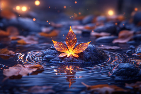 This image diverges from typical graduation imagery Instead, a single, luminous orange maple leaf rests on a rock in shallow, night water Fallen leaves and bokeh lights frame the scene The leaf is the focal point, its warm glow contrasting with the surrounding dark and light blue hues It's a AI Generativeの素材