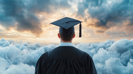 A graduate in gown and cap beams beside a university banner, symbolizing academic success and bright futures This inspiring image captures achievement, hard work, and new beginnings Ideal for education and career materials, it showcases the potential of graduates AI Generativeの素材