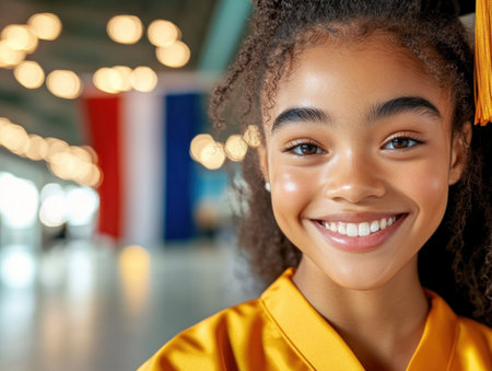 Capture the essence of academic triumph with this vibrant photo A beaming graduate stands proudly before their university flag, a symbol of dedication and goals realized The bright smile and bold colors embody success and the exciting start of a new chapter, representing hard work and future promise AI Generativeの素材