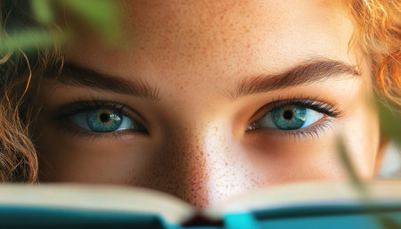 This image showcases a close-up of a person's face, emphasizing their striking blue eyes and detailed facial features A portion of an open book is also visible There are no diplomas, pens, or inspirational quotes The focus is primarily on the eyes and facial details, not education AI Generativeの素材
