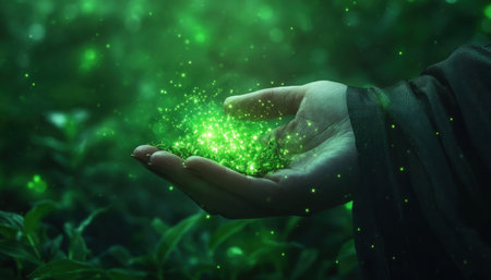 A hand cradles a glowing green vision, illuminating a graduate at her dazzling ceremony Set against a lush forest, the sparkling light represents her promising future This enchanting spectacle embodies hope, showcasing a magical vision held within the palm AI Generativeの素材
