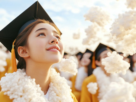 Celebrate graduation with our vibrant images! Witness graduates in caps and gowns, surrounded by cheering families and friends These photos capture the joy, accomplishment, and pride of this momentous occasion, marking a significant life chapter with loved ones and tradition AI Generativeの素材