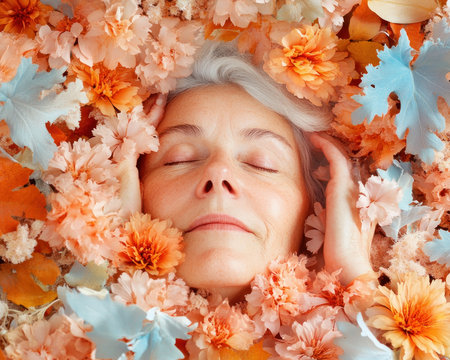 Wrinkled hands, gentle yet strong, coax life from vibrant blooms A woman, aging gracefully, cultivates her garden, mirroring her own serene wisdom Her connection to nature embodies timeless elegance, a simple joy in life's unfolding beauty This is natural beauty at its finest AI Generativeの素材