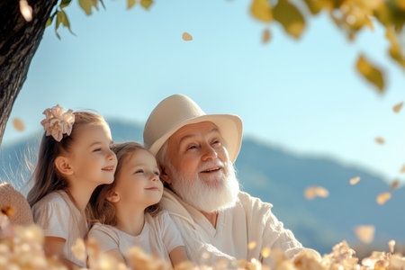 Beneath a majestic oak, grandparents share stories, wisdom, and joy with children Autumnal charm envelops this intergenerational scene, capturing family love and lasting memories Generational bonds, heritage, and the beauty of nature intertwine, creating a timeless image of cherished moments and whispered tales A perfect family and heritage stock photo AI Generativeの素材