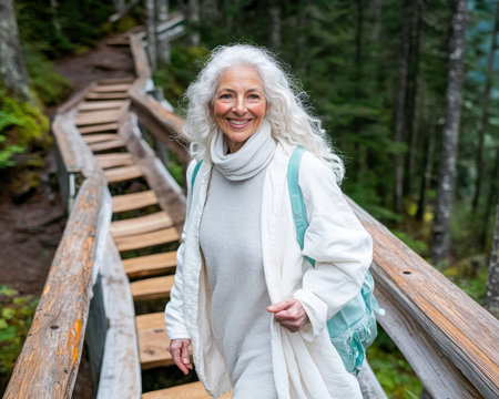 A radiant elder, healthy and joyful, walks a peaceful forest path, her smile mirroring nature's serenity This image embodies healthy aging, outdoor adventure, and nature's rejuvenating power Discover the joy of exploration and well-being within the forest's tranquil embrace, living a vibrant life connected to nature AI Generativeの素材