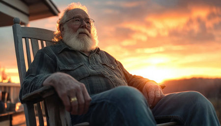 Golden sunset bathes a serene elder, rocking gently amidst adoring grandchildren He weaves tales of family history, a legacy of love and laughter This poignant scene embodies generational connection, the twilight of life glowing with the warmth of cherished memories and enduring family bonds AI Generativeの素材