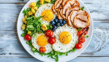 A vibrant senior couple, embracing a healthy lifestyle, savors a delicious breakfast on their sunny terrace Fresh fruits, vegetables, and protein fuel their active retirement This joyful scene embodies healthy aging, emphasizing nutrition, fitness, and positive choices for vitality and longevity AI Generativeの素材